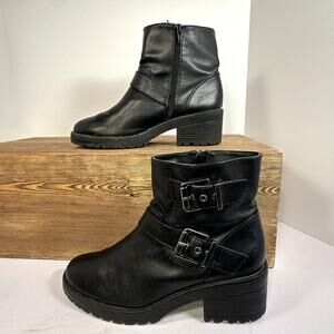 Y2K Chunky Platform Ankle Boots Womens SZ 8.5 Buckle Harness Moto Goth Side Zip